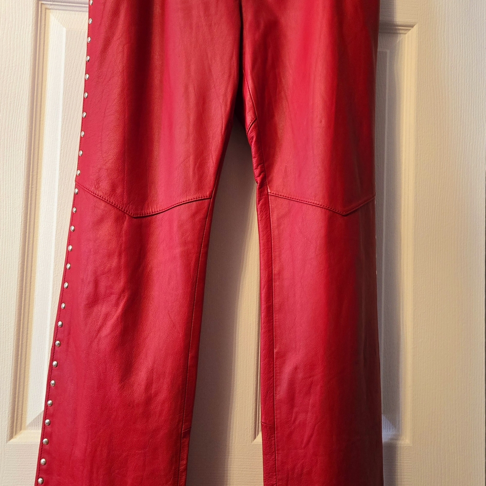 Harley Davidson Red Leather Pants with Studded Belt - Picture 2 of 4